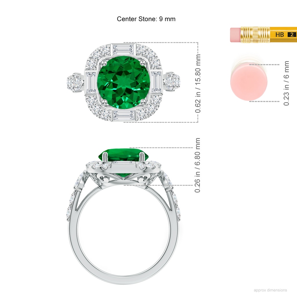 9mm Labgrown Round Lab-Grown Emerald Unique Halo Engagement Ring with Accents in White Gold ruler
