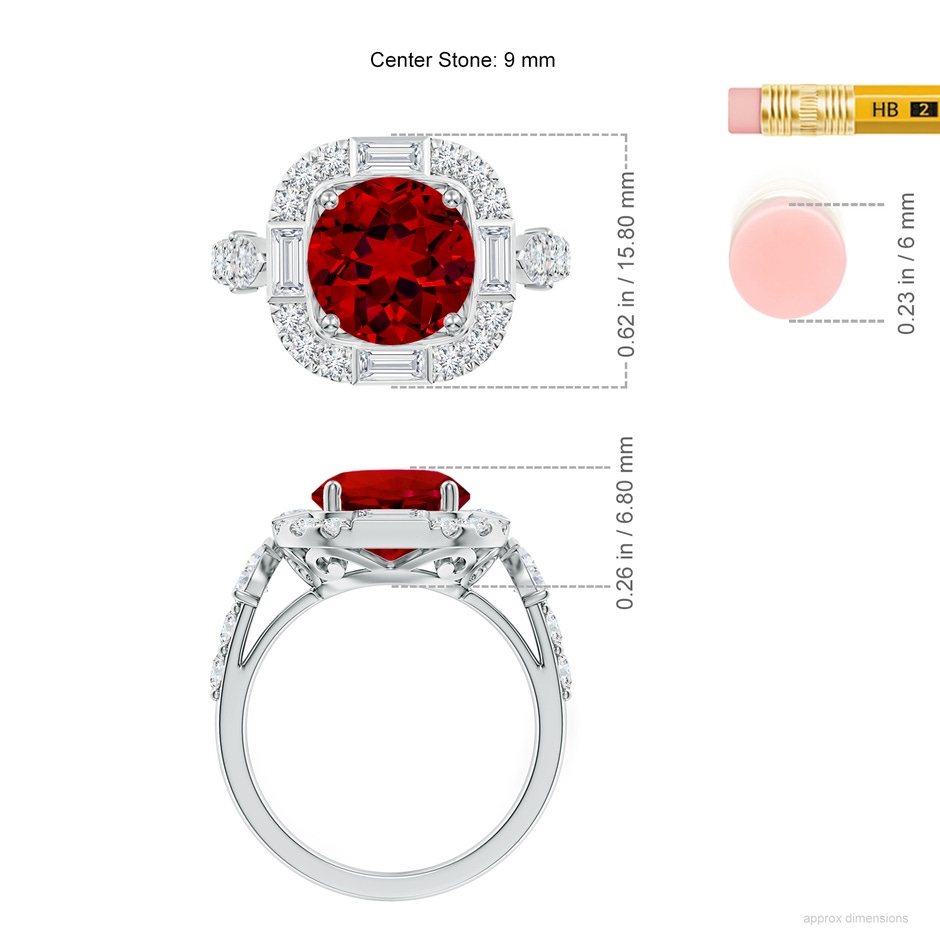 9mm Labgrown Round Lab-Grown Ruby Unique Halo Engagement Ring with Accents in 18K White Gold ruler