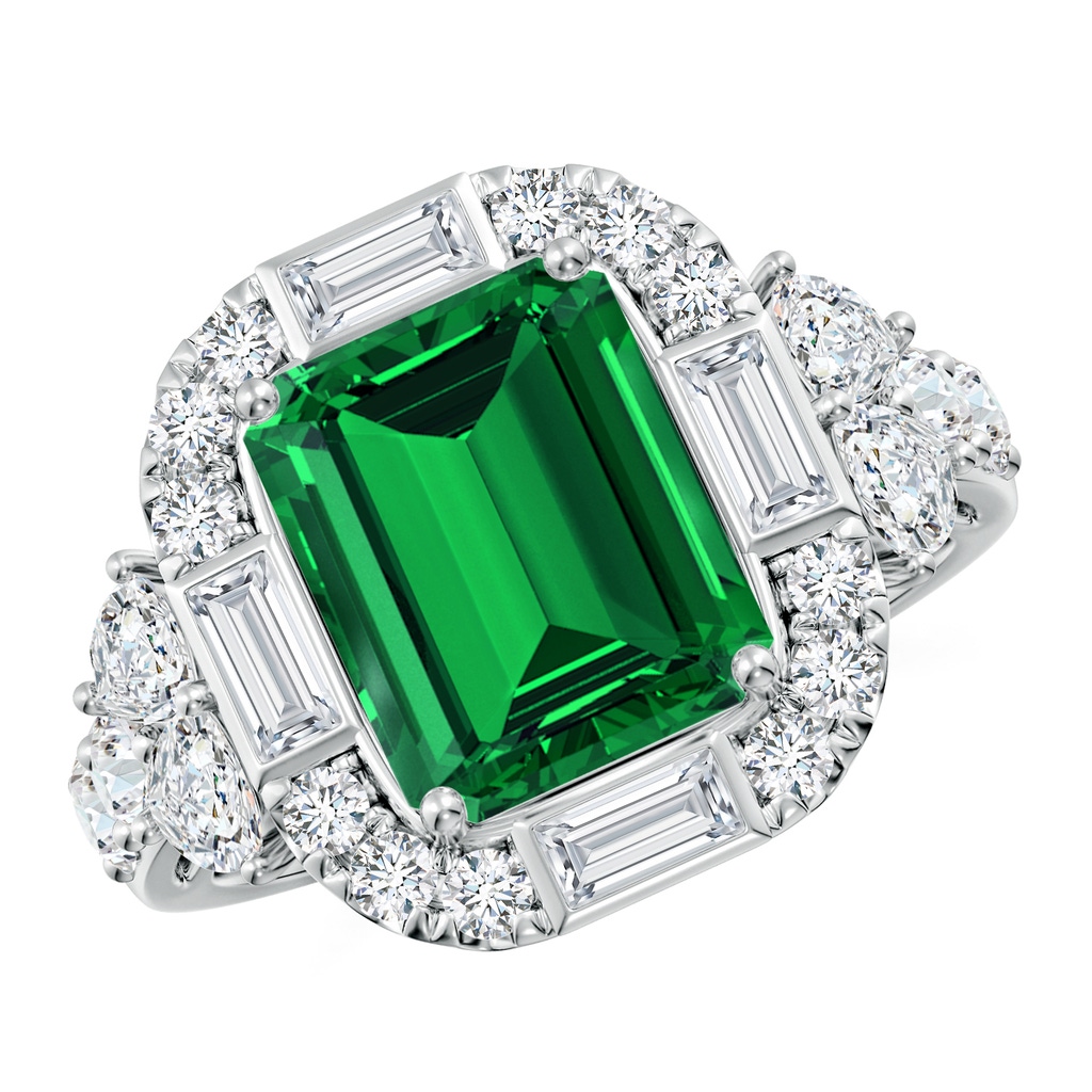 10x8mm Labgrown Emerald-Cut Lab-Grown Emerald Unique Halo Engagement Ring with Accents in White Gold