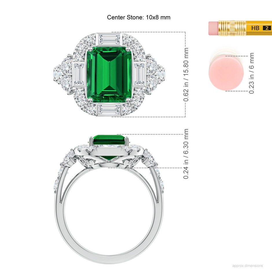 10x8mm Labgrown Emerald-Cut Lab-Grown Emerald Unique Halo Engagement Ring with Accents in White Gold ruler