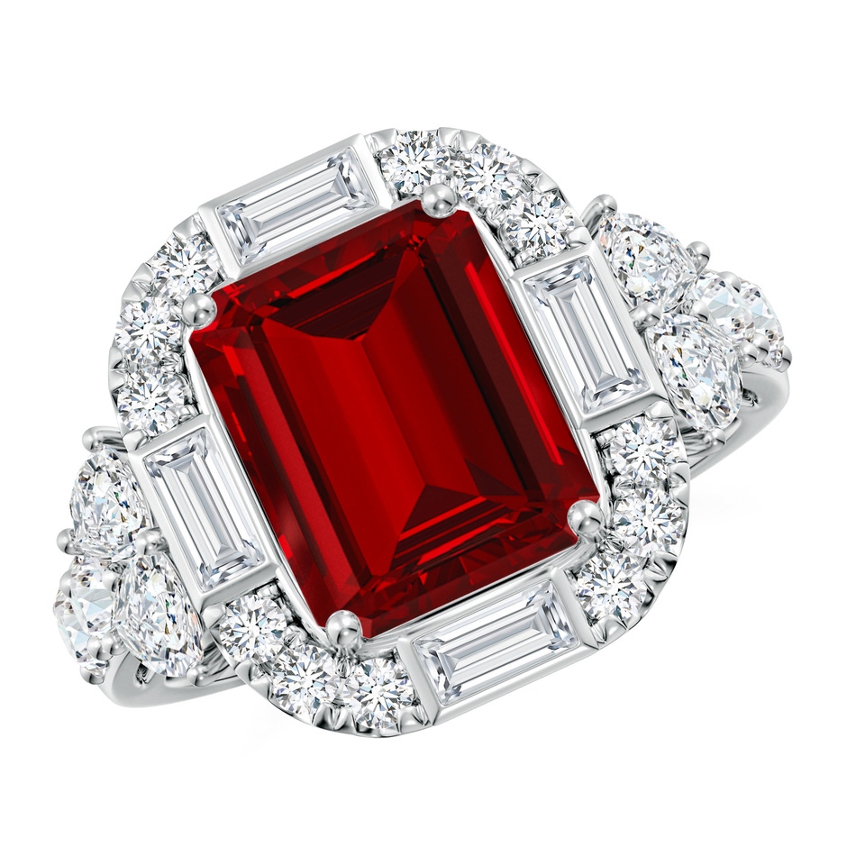 10x8mm Labgrown Emerald-Cut Lab-Grown Ruby Unique Halo Engagement Ring with Accents in P950 Platinum 