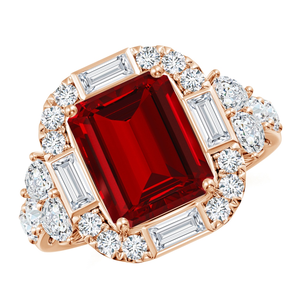 10x8mm Labgrown Emerald-Cut Lab-Grown Ruby Unique Halo Engagement Ring with Accents in Rose Gold