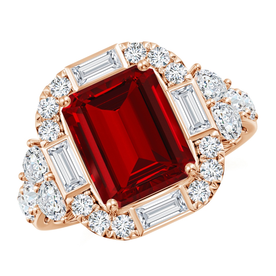 10x8mm Labgrown Emerald-Cut Lab-Grown Ruby Unique Halo Engagement Ring with Accents in Rose Gold 