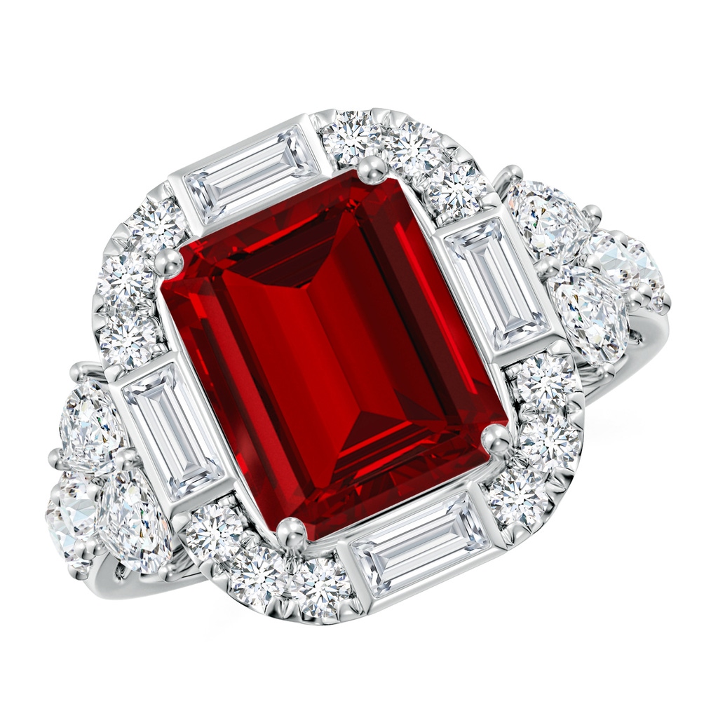 10x8mm Labgrown Emerald-Cut Lab-Grown Ruby Unique Halo Engagement Ring with Accents in White Gold