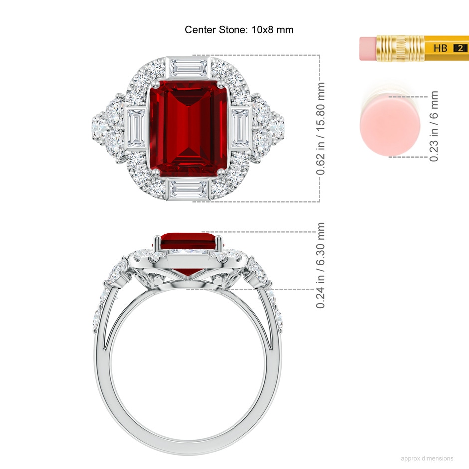 10x8mm Labgrown Emerald-Cut Lab-Grown Ruby Unique Halo Engagement Ring with Accents in White Gold ruler