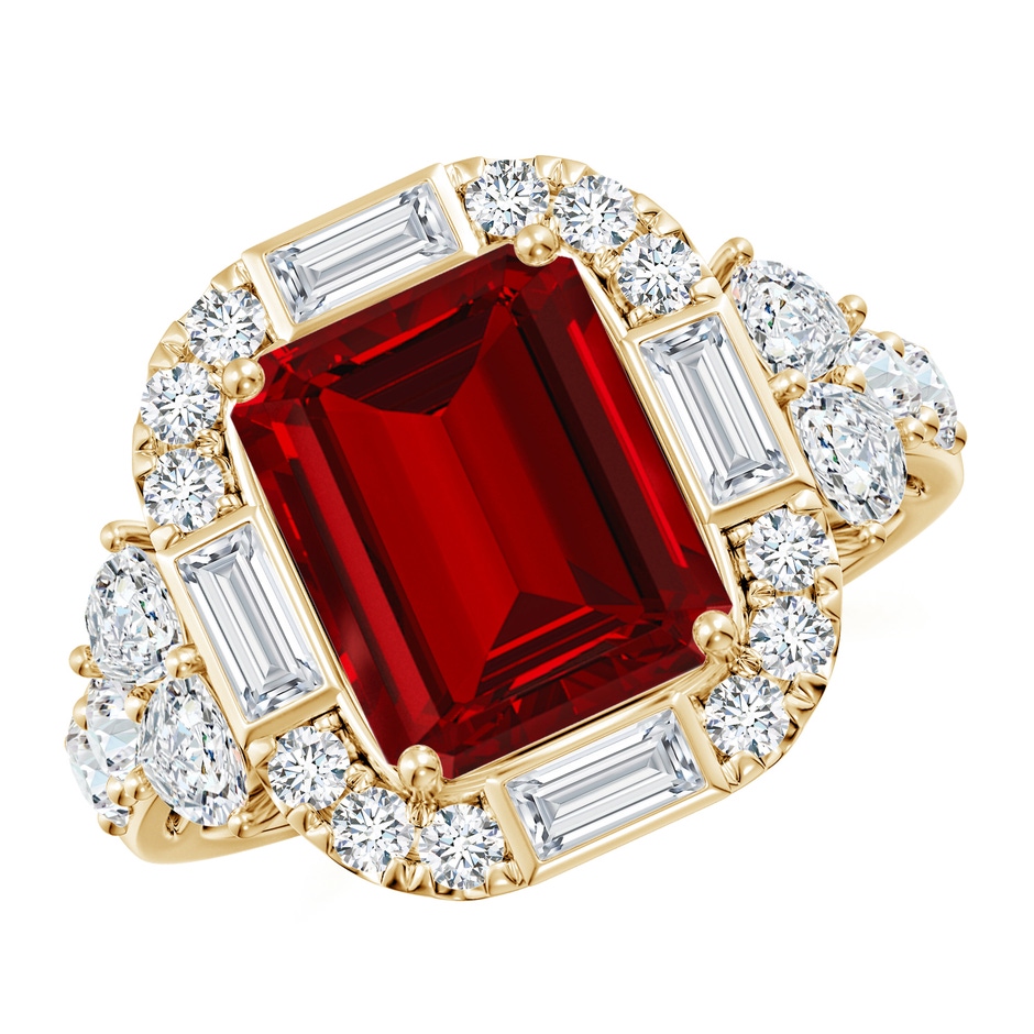 10x8mm Labgrown Emerald-Cut Lab-Grown Ruby Unique Halo Engagement Ring with Accents in Yellow Gold 