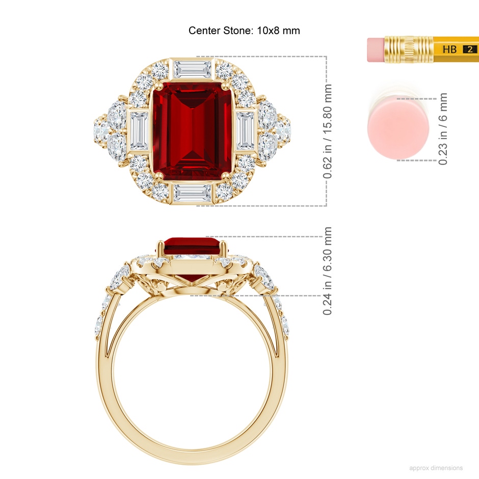 10x8mm Labgrown Emerald-Cut Lab-Grown Ruby Unique Halo Engagement Ring with Accents in Yellow Gold ruler