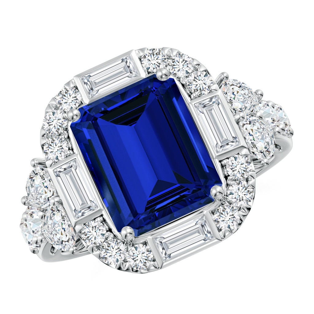 10x8mm Labgrown Emerald-Cut Lab-Grown Blue Sapphire Unique Halo Engagement Ring with Accents in White Gold