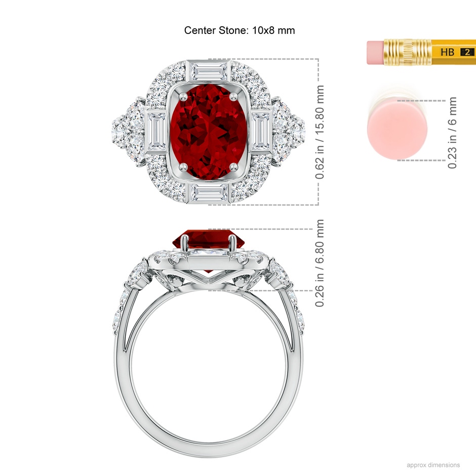 10x8mm Labgrown Oval Lab-Grown Ruby Unique Halo Engagement Ring with Accents in White Gold ruler