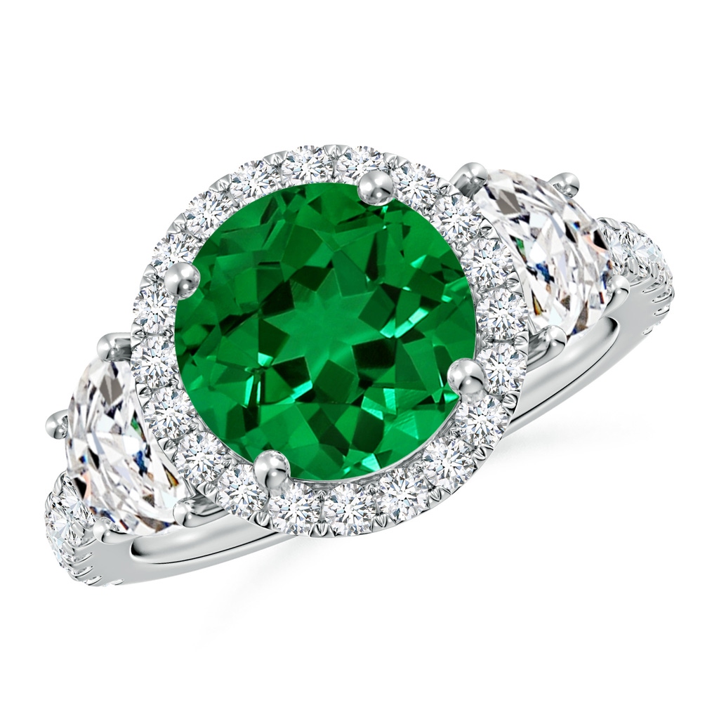 9mm Labgrown Round Lab-Grown Emerald and Half Moon Diamond Halo Engagement Ring in White Gold