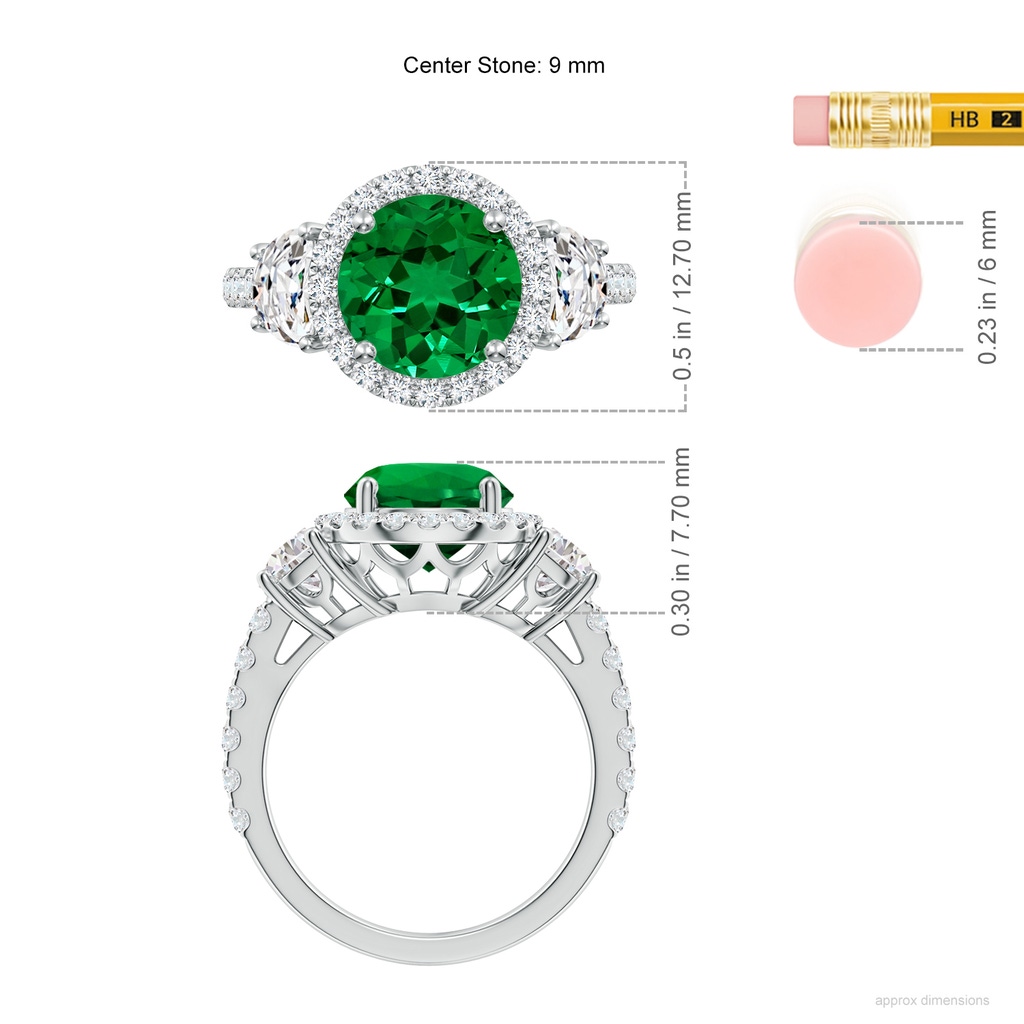 9mm Labgrown Round Lab-Grown Emerald and Half Moon Diamond Halo Engagement Ring in White Gold ruler