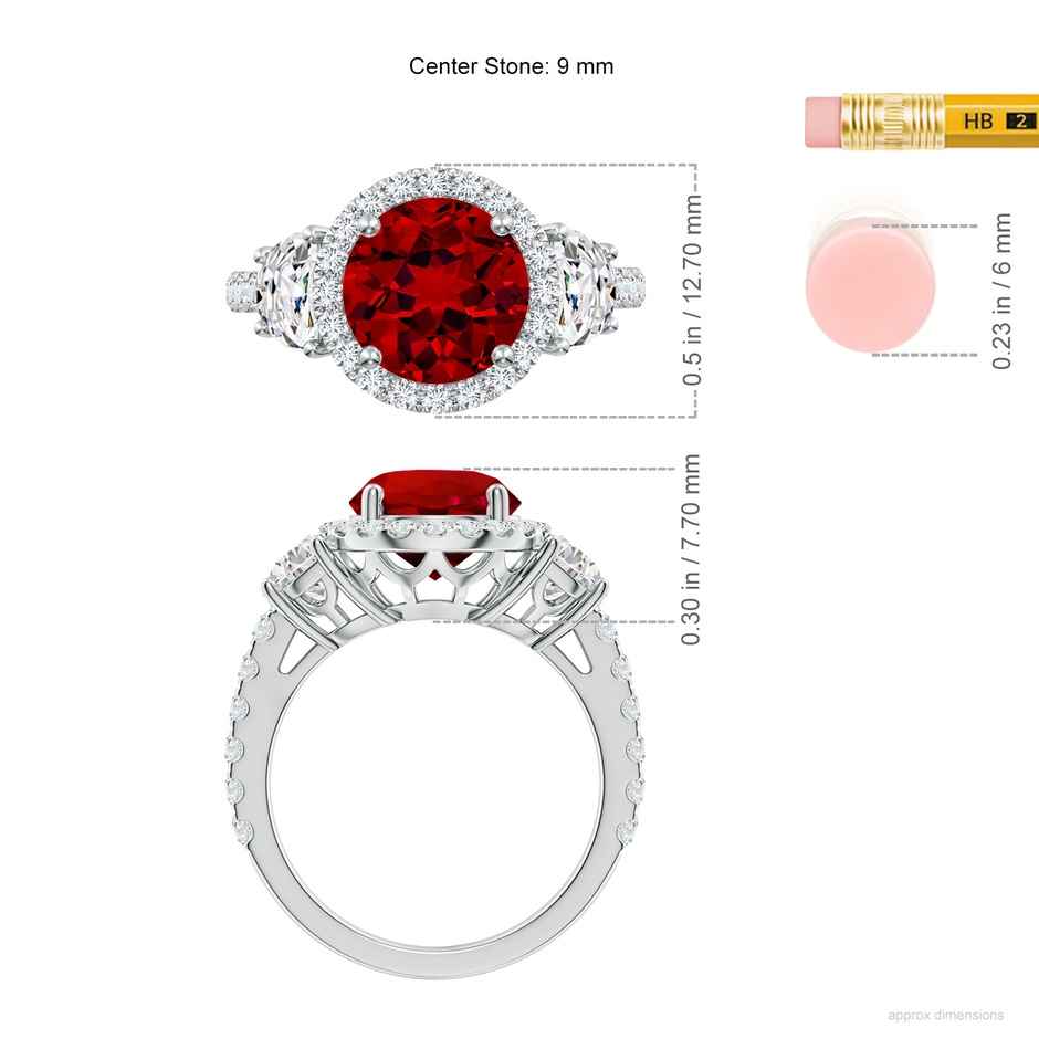 9mm Labgrown Round Lab-Grown Ruby and Half Moon Diamond Halo Engagement Ring in P950 Platinum ruler