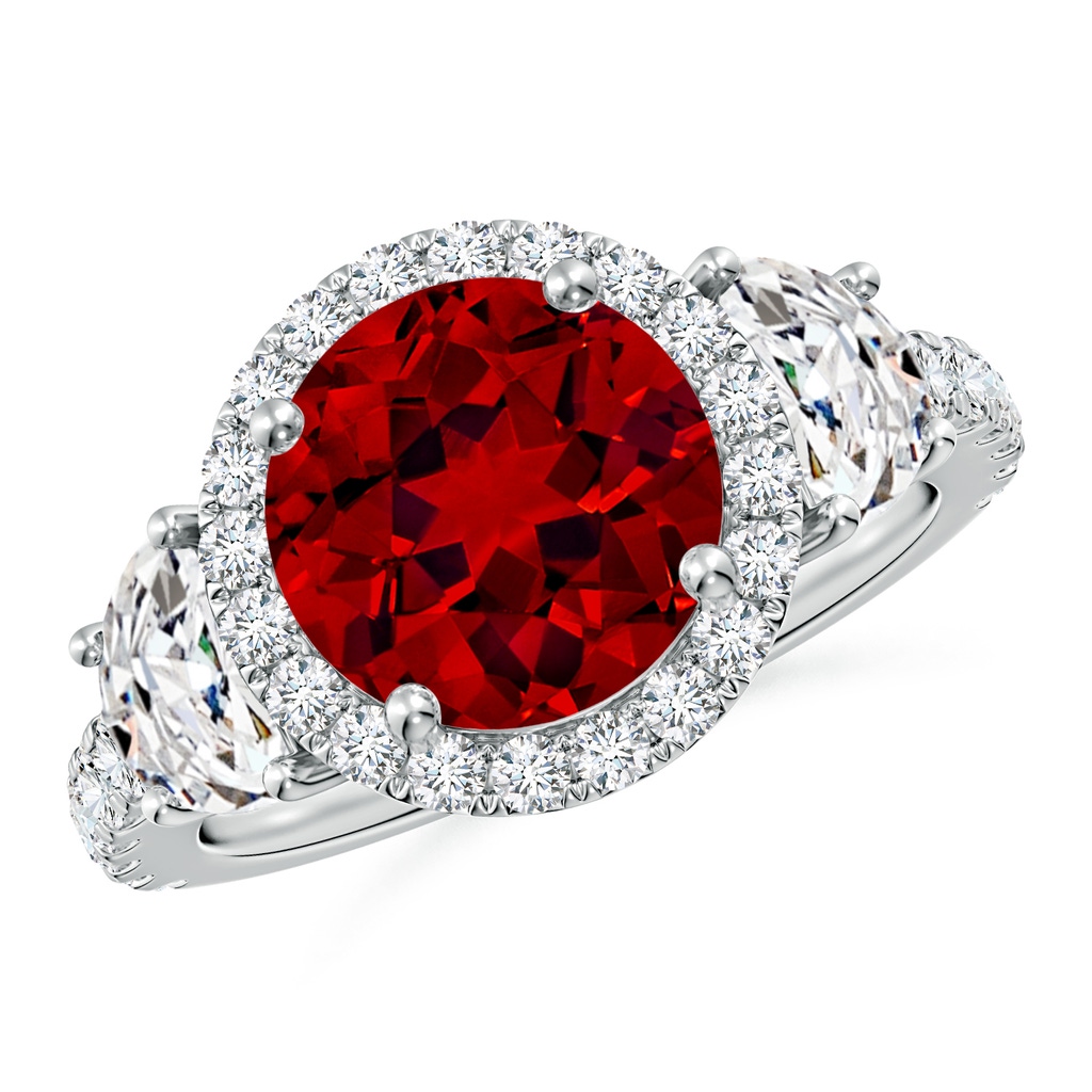 9mm Labgrown Round Lab-Grown Ruby and Half Moon Diamond Halo Engagement Ring in White Gold