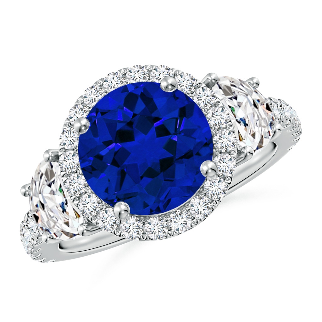 9mm Labgrown Round Lab-Grown Blue Sapphire and Half Moon Diamond Halo Engagement Ring in White Gold