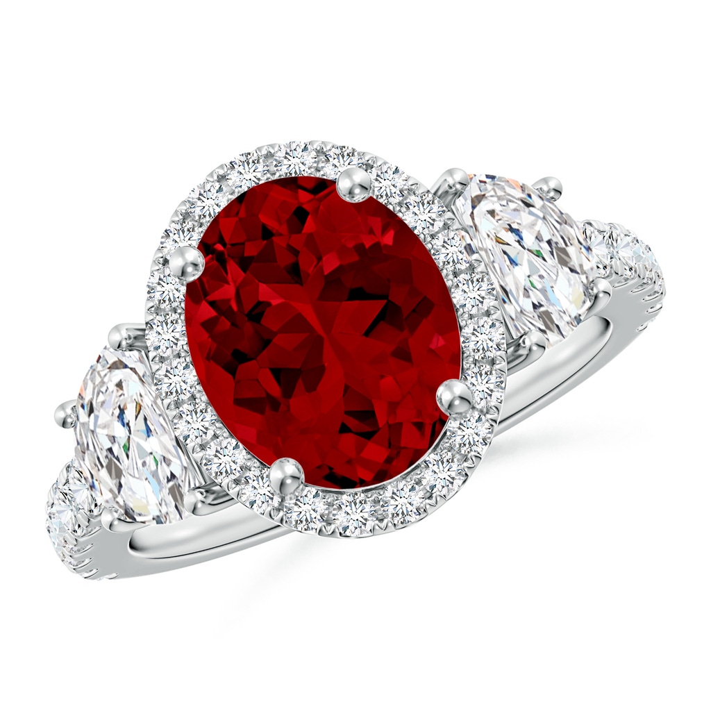 10x8mm Labgrown Oval Lab-Grown Ruby and Half Moon Diamond Halo Engagement Ring in White Gold