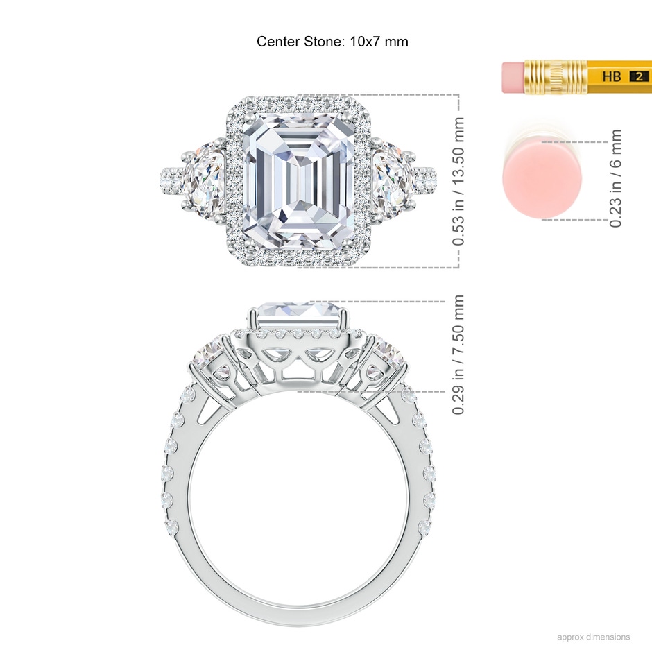 10x7mm FGVS Emerald-Cut and Half Moon Lab-Grown Diamond Halo Engagement Ring in White Gold ruler