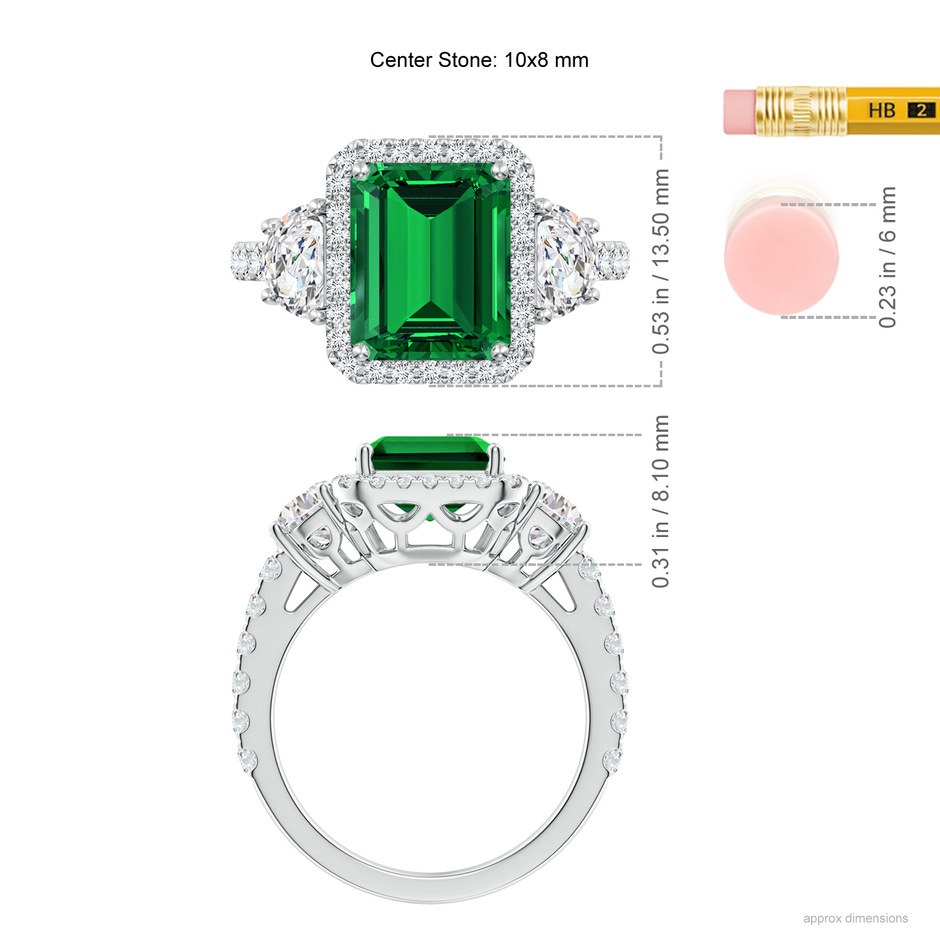 10x8mm Labgrown Emerald-Cut Lab-Grown Emerald and Half Moon Diamond Halo Engagement Ring in 18K White Gold ruler