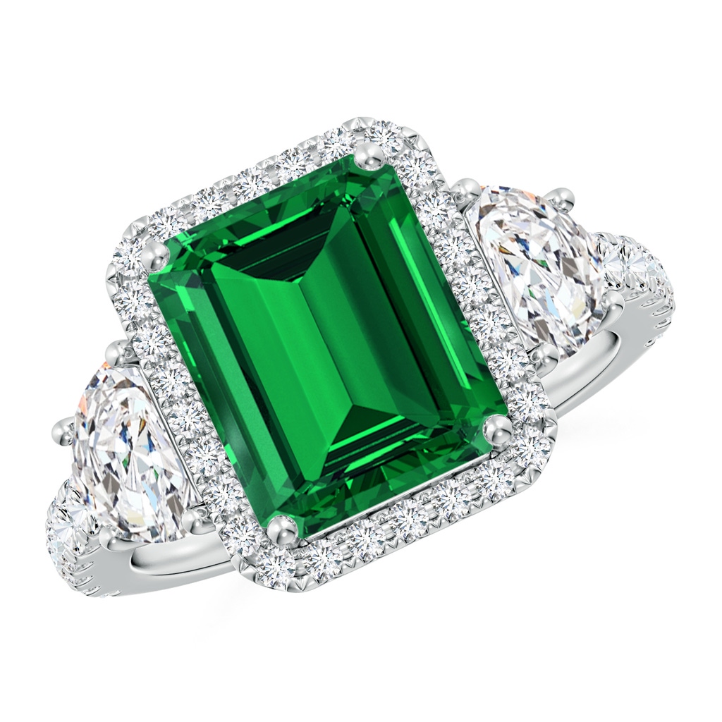 10x8mm Labgrown Emerald-Cut Lab-Grown Emerald and Half Moon Diamond Halo Engagement Ring in White Gold