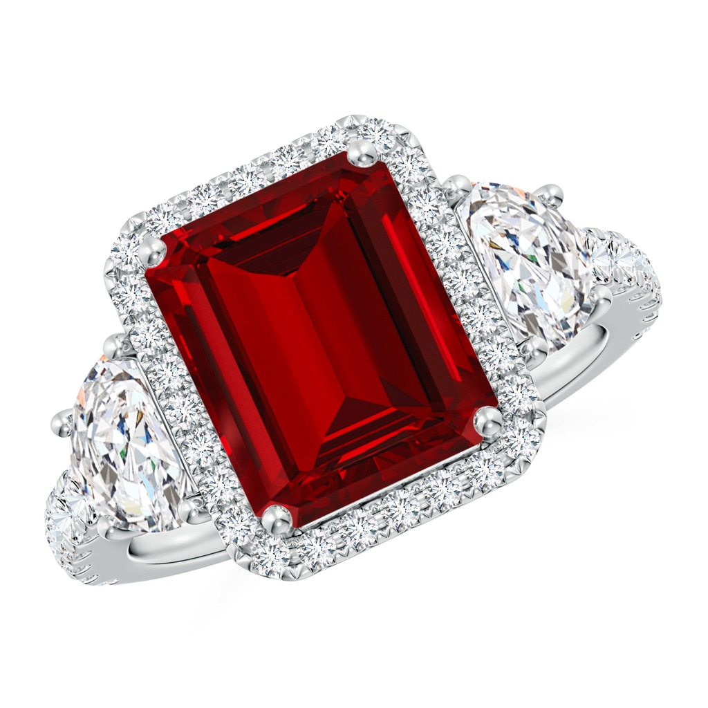 10x8mm Labgrown Emerald-Cut Lab-Grown Ruby and Half Moon Diamond Halo Engagement Ring in White Gold