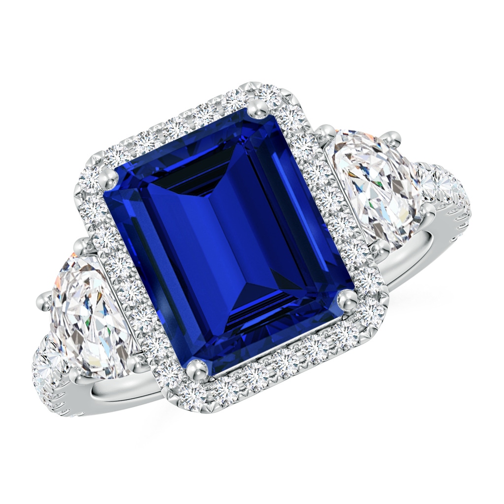 10x8mm Labgrown Emerald-Cut Lab-Grown Blue Sapphire and Half Moon Diamond Halo Engagement Ring in White Gold