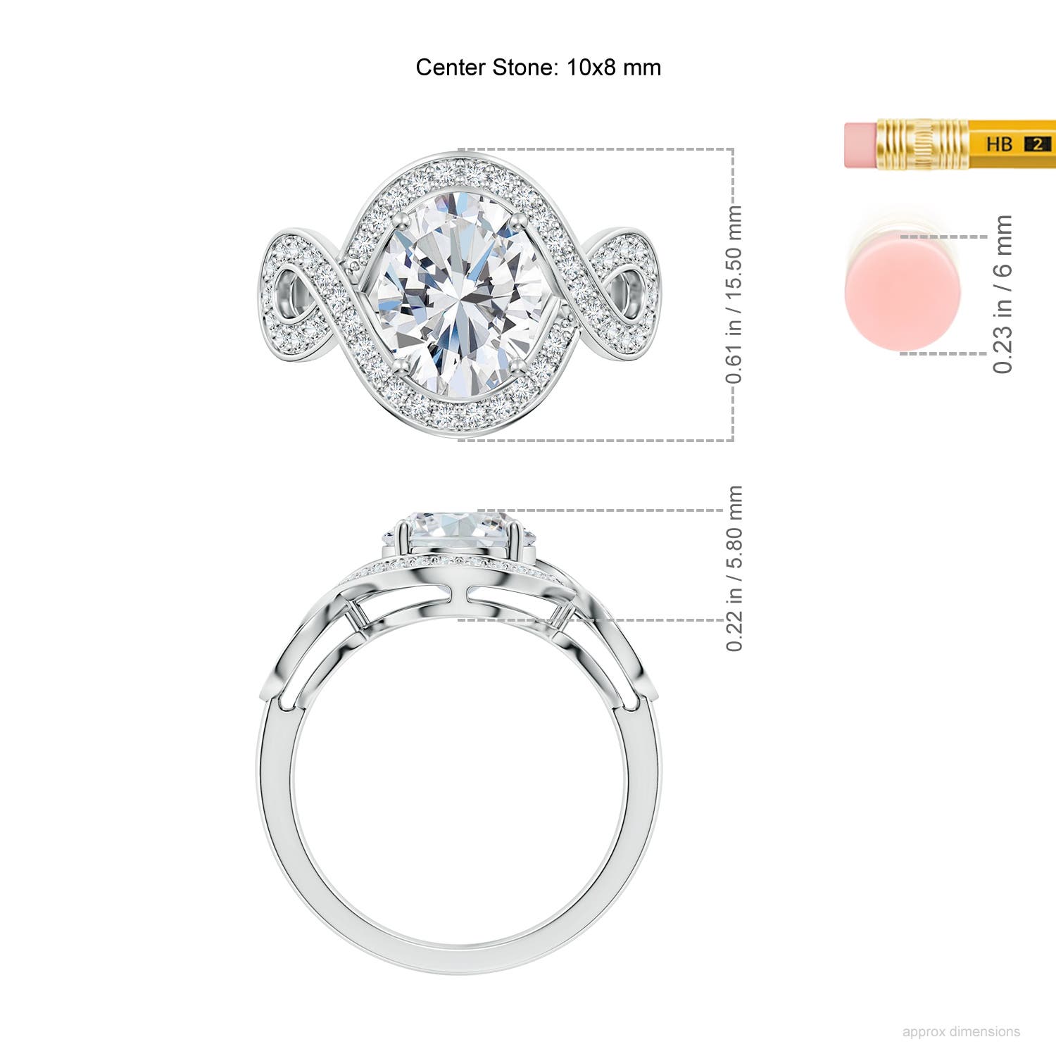 10x8mm FGVS Oval Lab-Grown Diamond Infinity Engagement Ring with Accents in White Gold - ruler