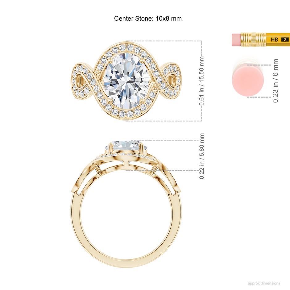 10x8mm FGVS Oval Lab-Grown Diamond Infinity Engagement Ring with Accents in Yellow Gold ruler