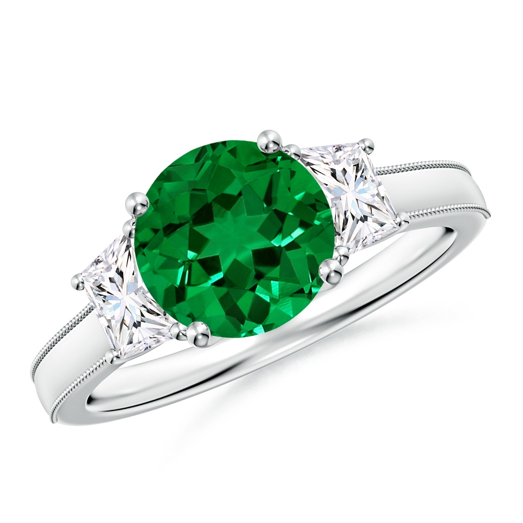 8mm Labgrown Round Lab-Grown Emerald and Trapezoid Diamond Hidden Halo Engagement Ring in White Gold