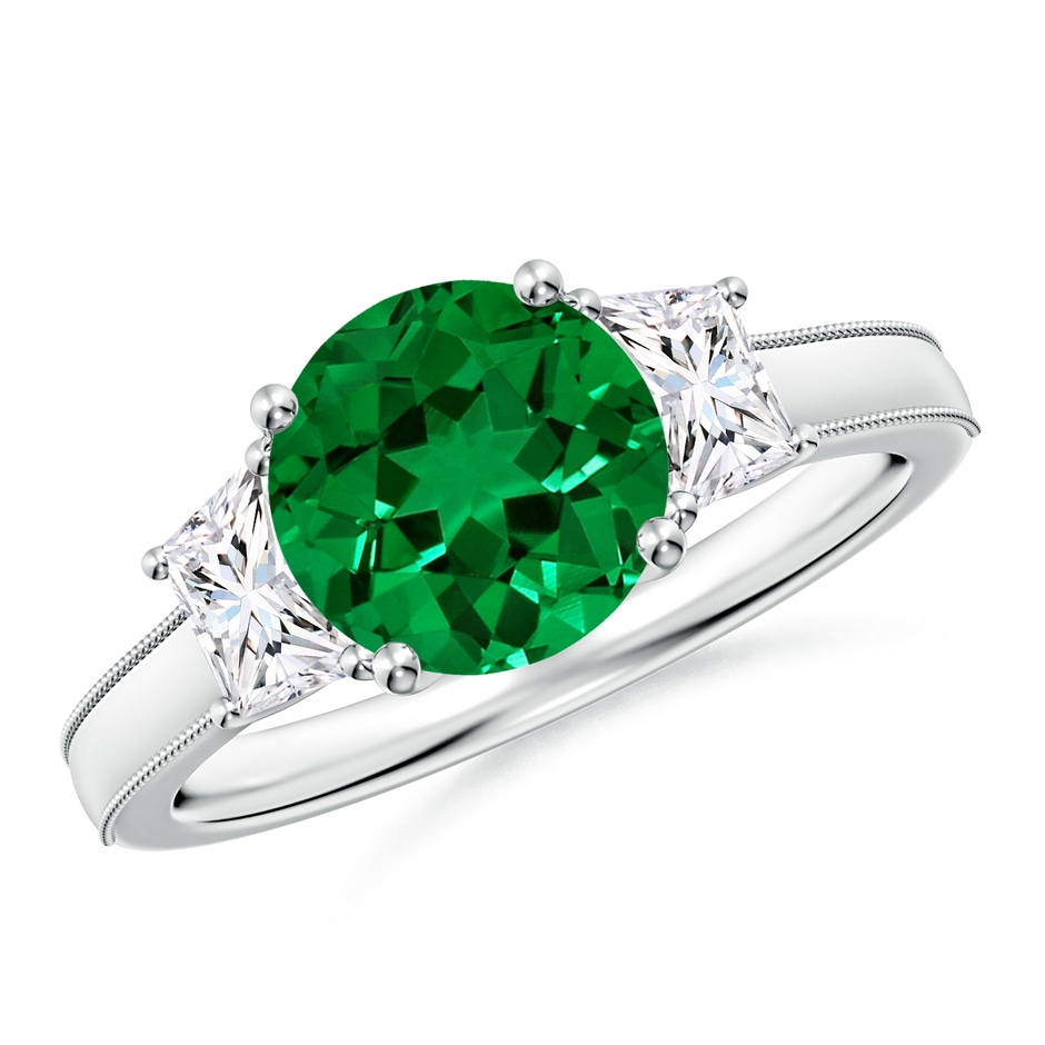 8mm Labgrown Round Lab-Grown Emerald and Trapezoid Diamond Hidden Halo Engagement Ring in White Gold 