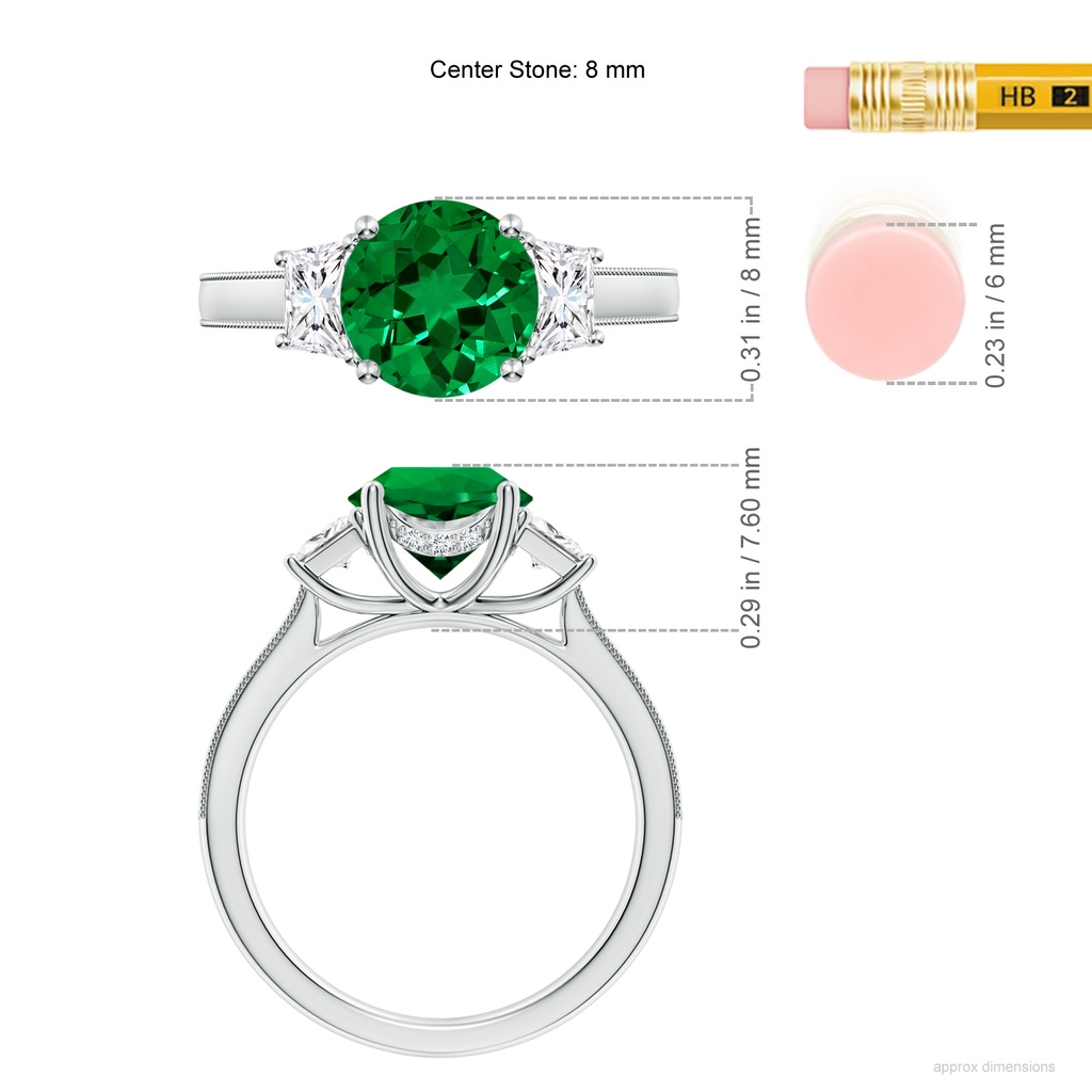 8mm Labgrown Round Lab-Grown Emerald and Trapezoid Diamond Hidden Halo Engagement Ring in White Gold ruler