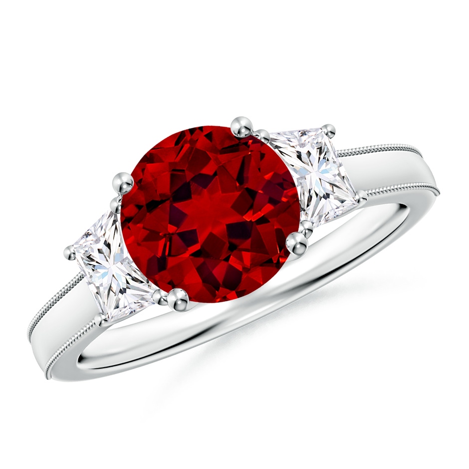 8mm Labgrown Round Lab-Grown Ruby and Trapezoid Diamond Hidden Halo Engagement Ring in White Gold 