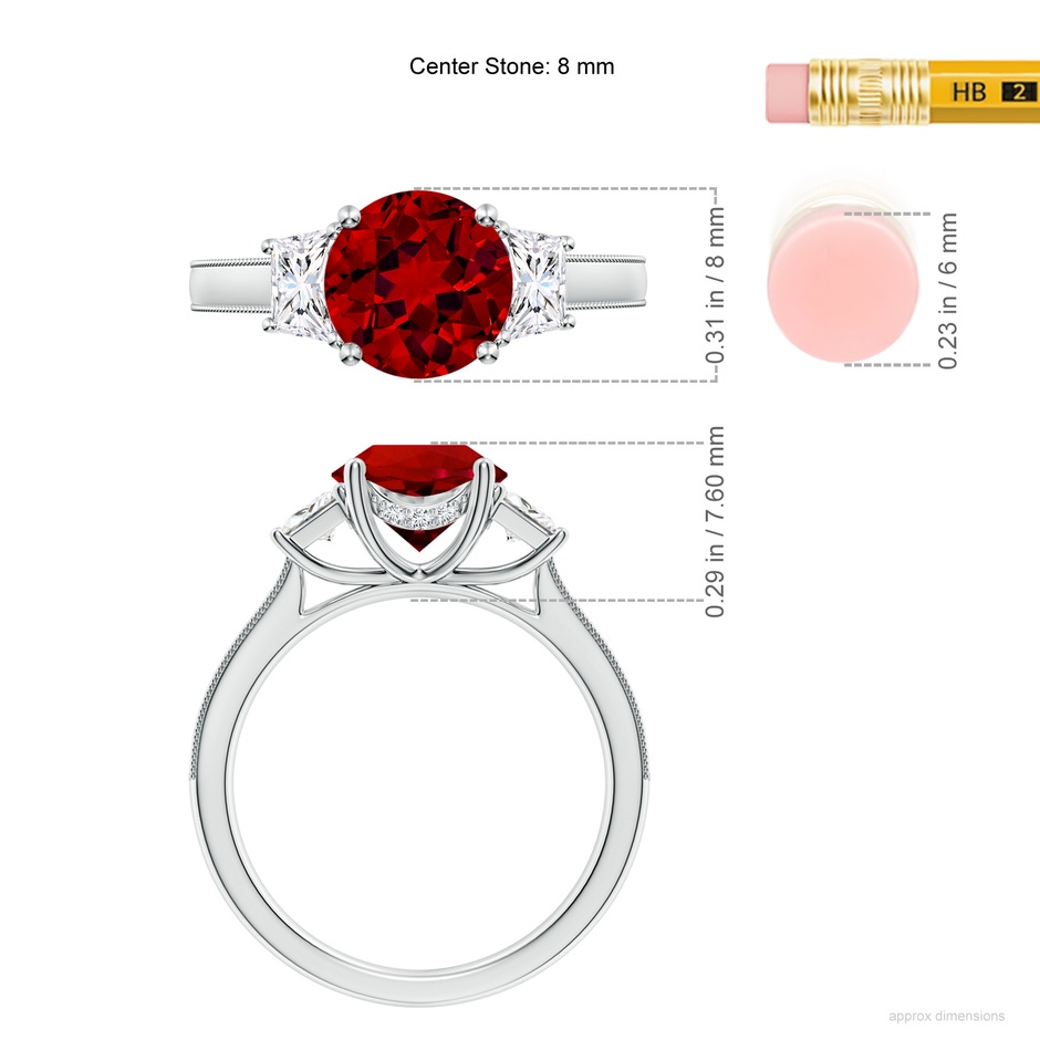 8mm Labgrown Round Lab-Grown Ruby and Trapezoid Diamond Hidden Halo Engagement Ring in White Gold ruler