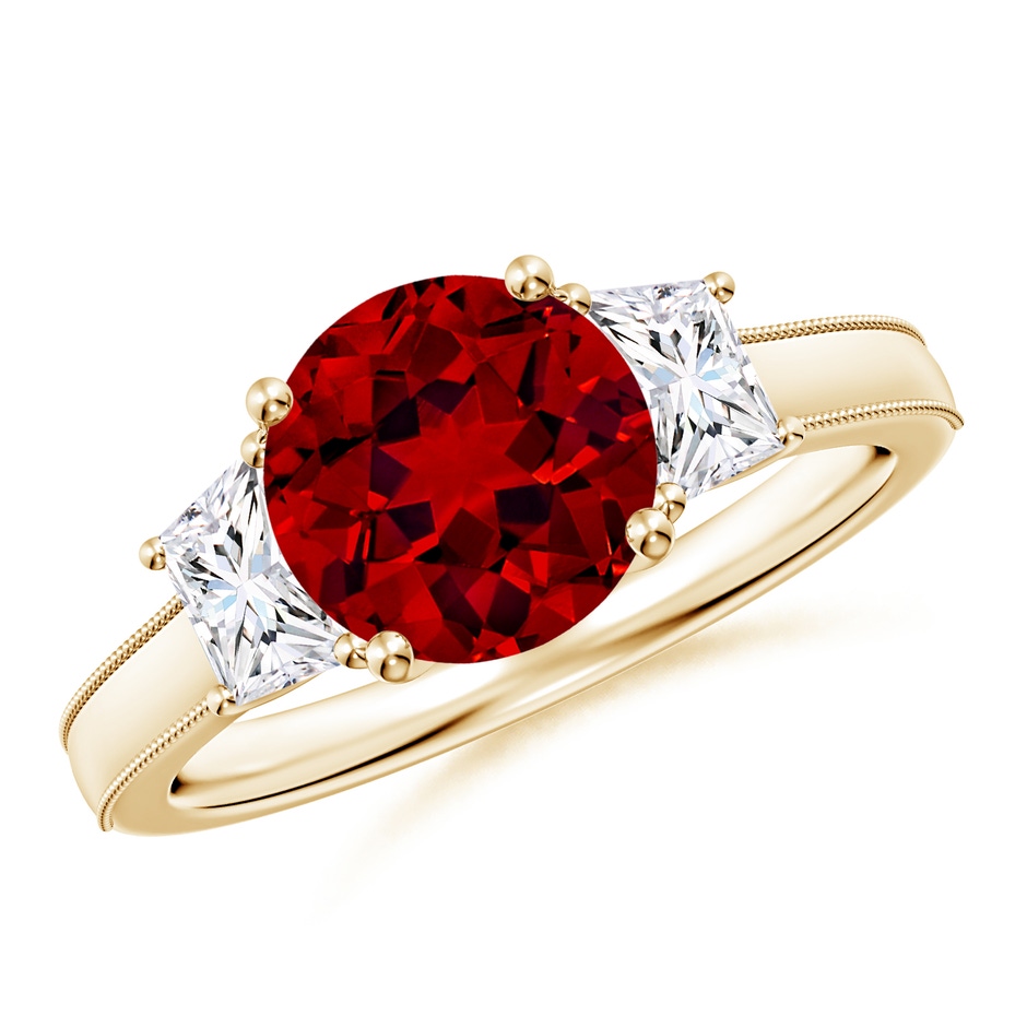 8mm Labgrown Round Lab-Grown Ruby and Trapezoid Diamond Hidden Halo Engagement Ring in Yellow Gold 