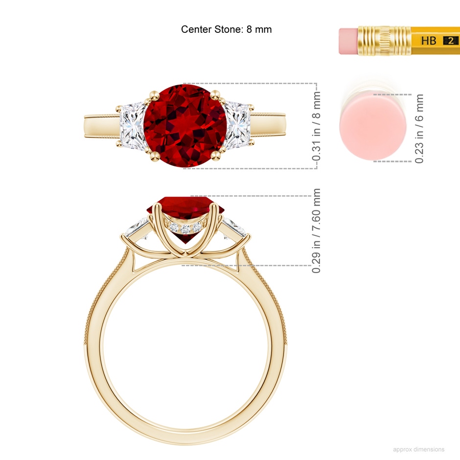 8mm Labgrown Round Lab-Grown Ruby and Trapezoid Diamond Hidden Halo Engagement Ring in Yellow Gold ruler