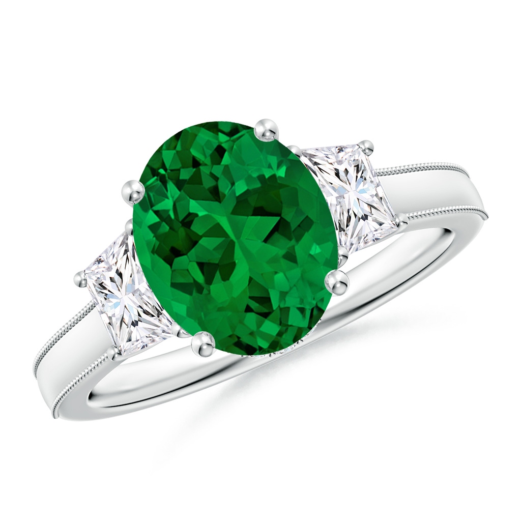 10x8mm Labgrown Oval Lab-Grown Emerald and Trapezoid Diamond Hidden Halo Engagement Ring in White Gold