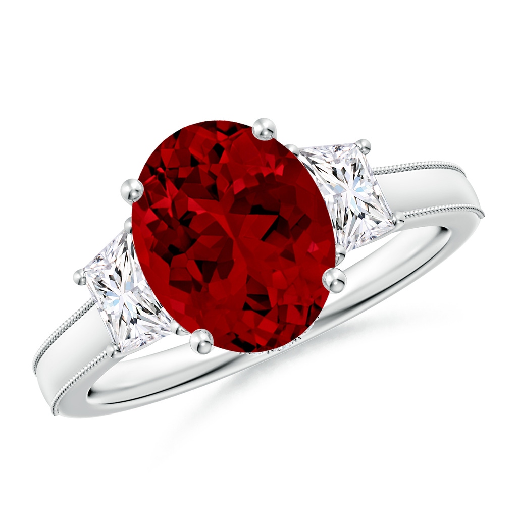 10x8mm Labgrown Oval Lab-Grown Ruby and Trapezoid Diamond Hidden Halo Engagement Ring in White Gold