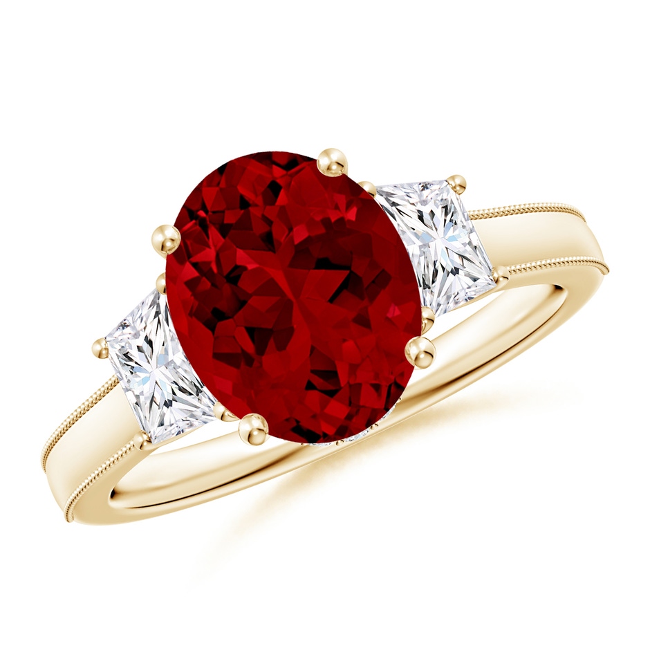 10x8mm Labgrown Oval Lab-Grown Ruby and Trapezoid Diamond Hidden Halo Engagement Ring in Yellow Gold 