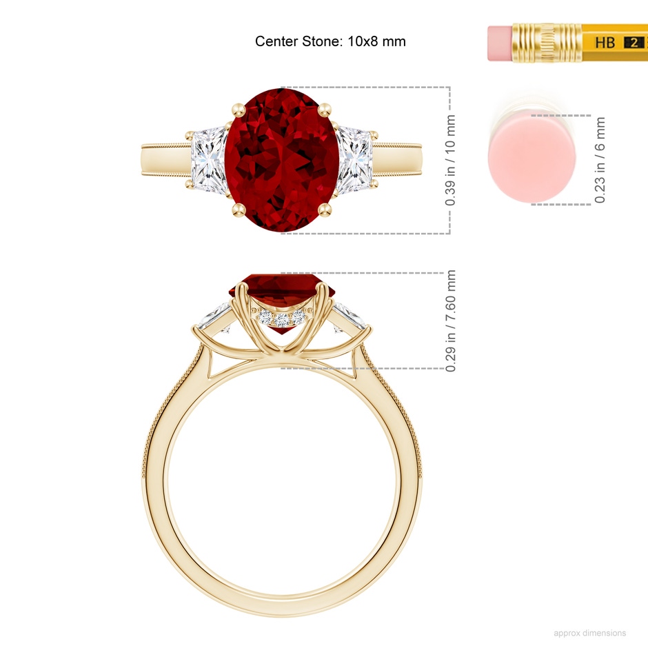 10x8mm Labgrown Oval Lab-Grown Ruby and Trapezoid Diamond Hidden Halo Engagement Ring in Yellow Gold ruler