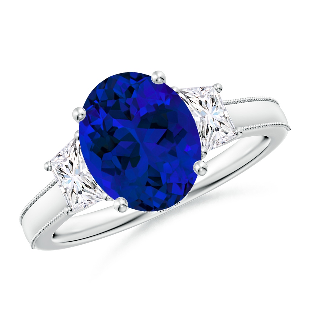10x8mm Labgrown Oval Lab-Grown Blue Sapphire and Trapezoid Diamond Hidden Halo Engagement Ring in White Gold