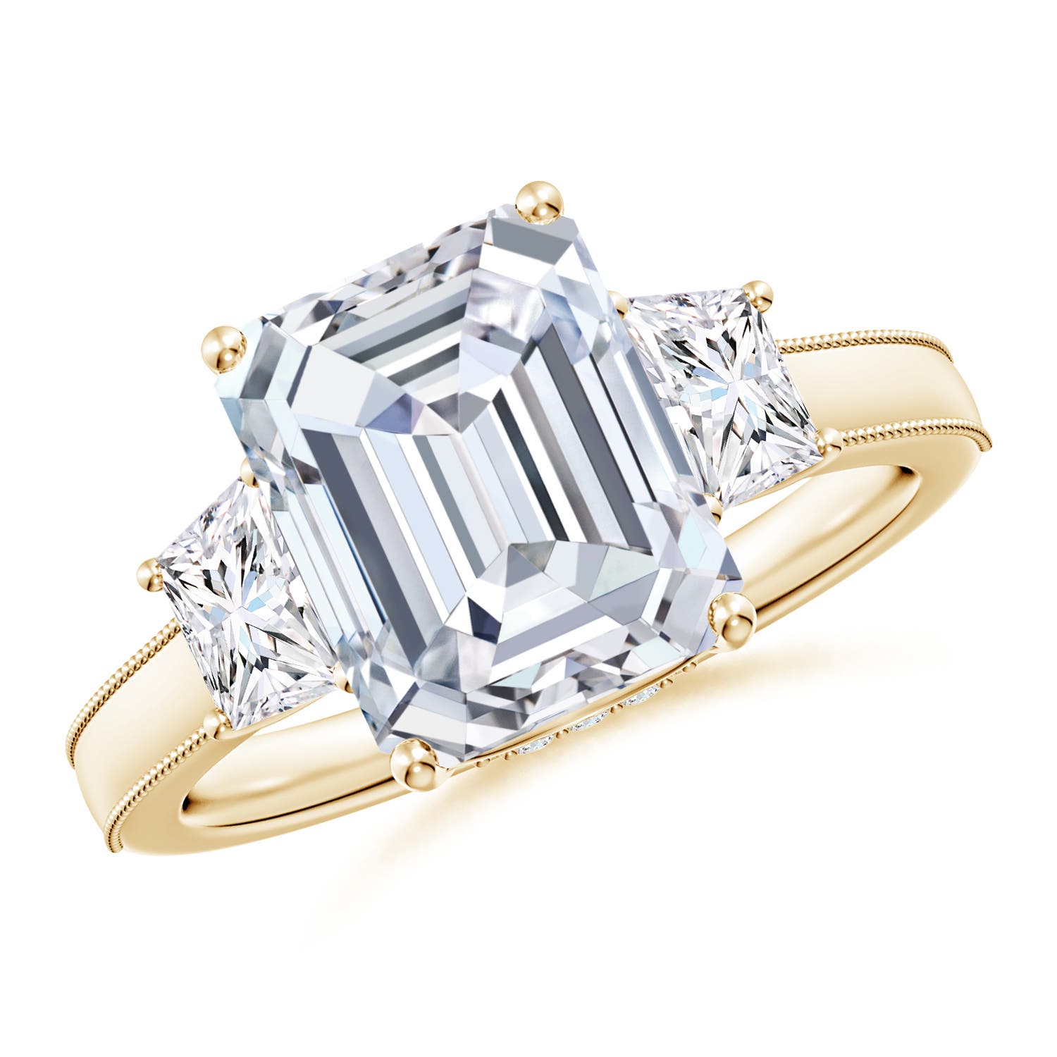 10x7mm FGVS Emerald-Cut and Trapezoid Lab-Grown Diamond Hidden Halo Engagement Ring in 18K Yellow Gold