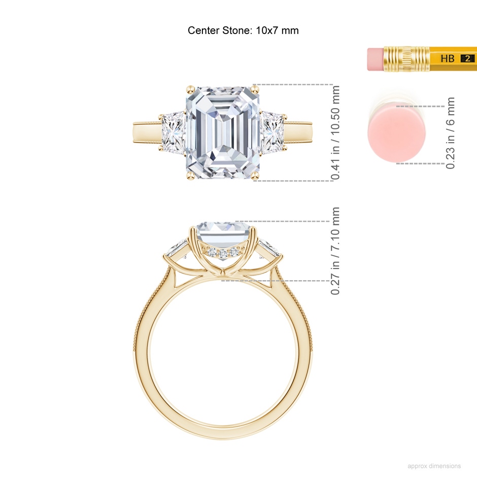 10x7mm FGVS Emerald-Cut and Trapezoid Lab-Grown Diamond Hidden Halo Engagement Ring in Yellow Gold ruler