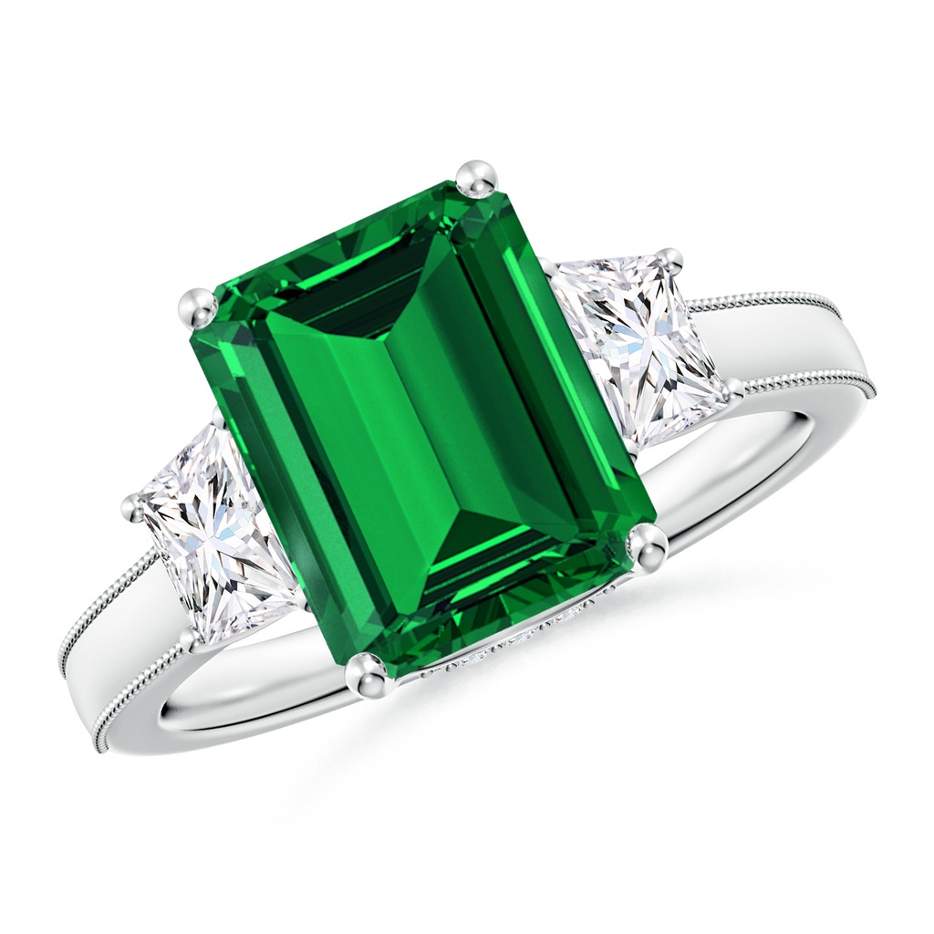 10x8mm Labgrown Emerald-Cut Lab-Grown Emerald and Trapezoid Diamond Hidden Halo Engagement Ring in White Gold