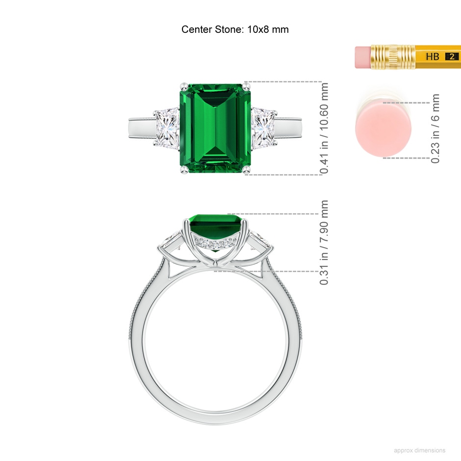 10x8mm Labgrown Emerald-Cut Lab-Grown Emerald and Trapezoid Diamond Hidden Halo Engagement Ring in White Gold ruler