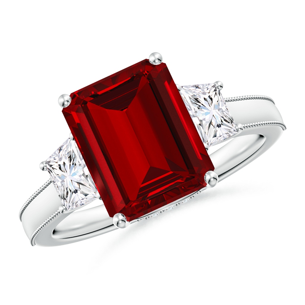 10x8mm Labgrown Emerald-Cut Lab-Grown Ruby and Trapezoid Diamond Hidden Halo Engagement Ring in White Gold