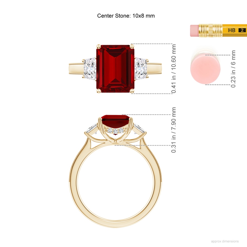 10x8mm Labgrown Emerald-Cut Lab-Grown Ruby and Trapezoid Diamond Hidden Halo Engagement Ring in Yellow Gold ruler