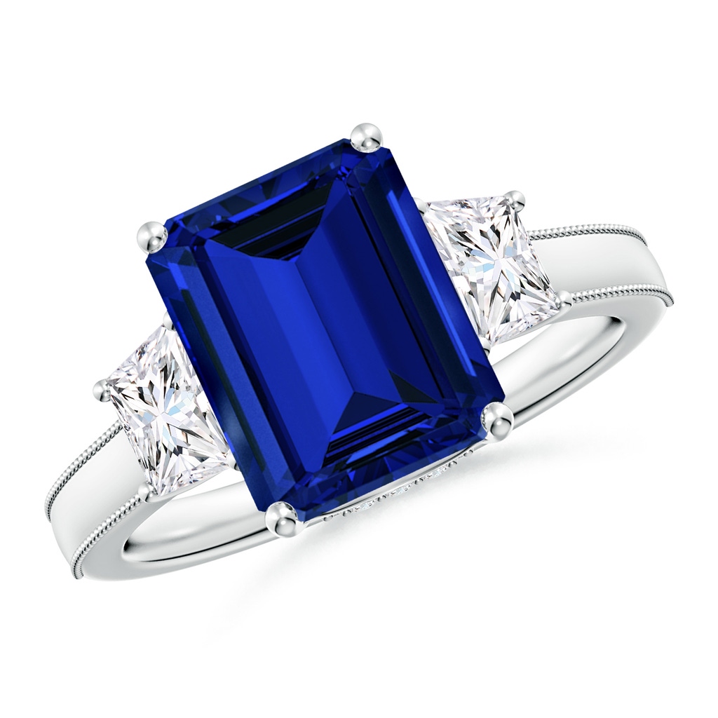 10x8mm Labgrown Emerald-Cut Lab-Grown Blue Sapphire and Trapezoid Diamond Hidden Halo Engagement Ring in White Gold