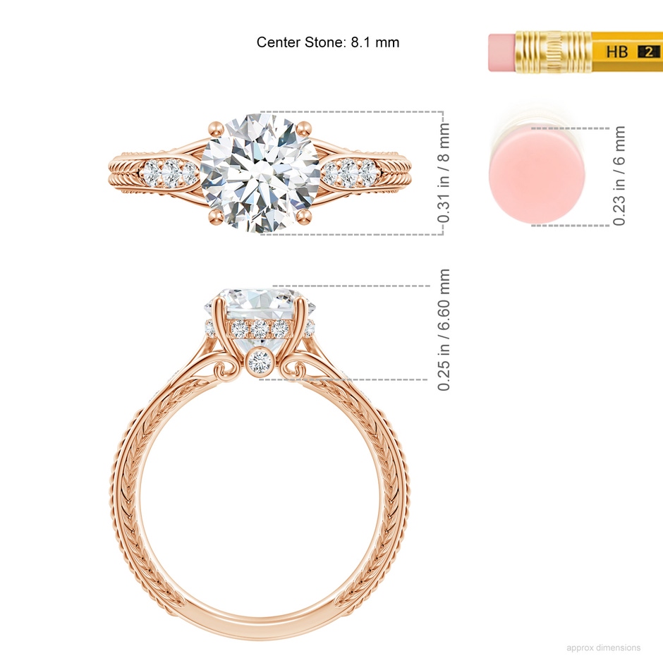 8.1mm FGVS Vintage Inspired Round Lab-Grown Diamond Hidden Halo Engagement Ring in 18K Rose Gold ruler