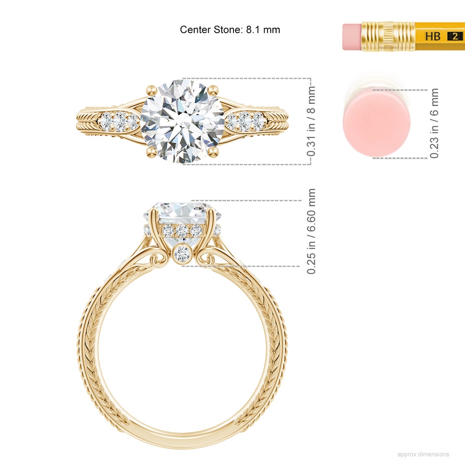 8.1mm FGVS Vintage Inspired Round Lab-Grown Diamond Hidden Halo Engagement Ring in Yellow Gold ruler