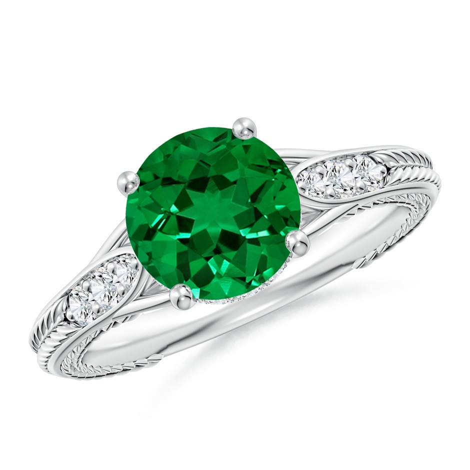 8mm Labgrown Vintage Inspired Round Lab-Grown Emerald Hidden Halo Engagement Ring in White Gold 