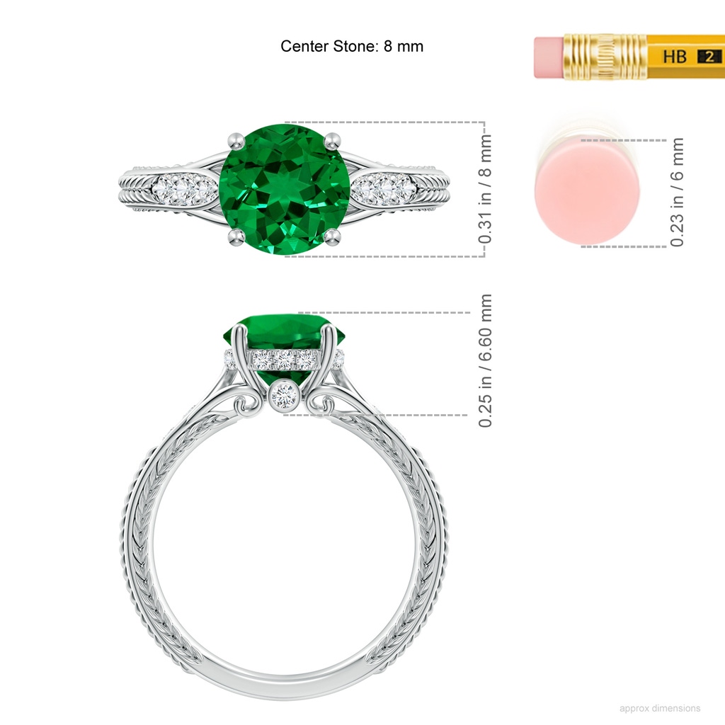 8mm Labgrown Vintage Inspired Round Lab-Grown Emerald Hidden Halo Engagement Ring in White Gold ruler