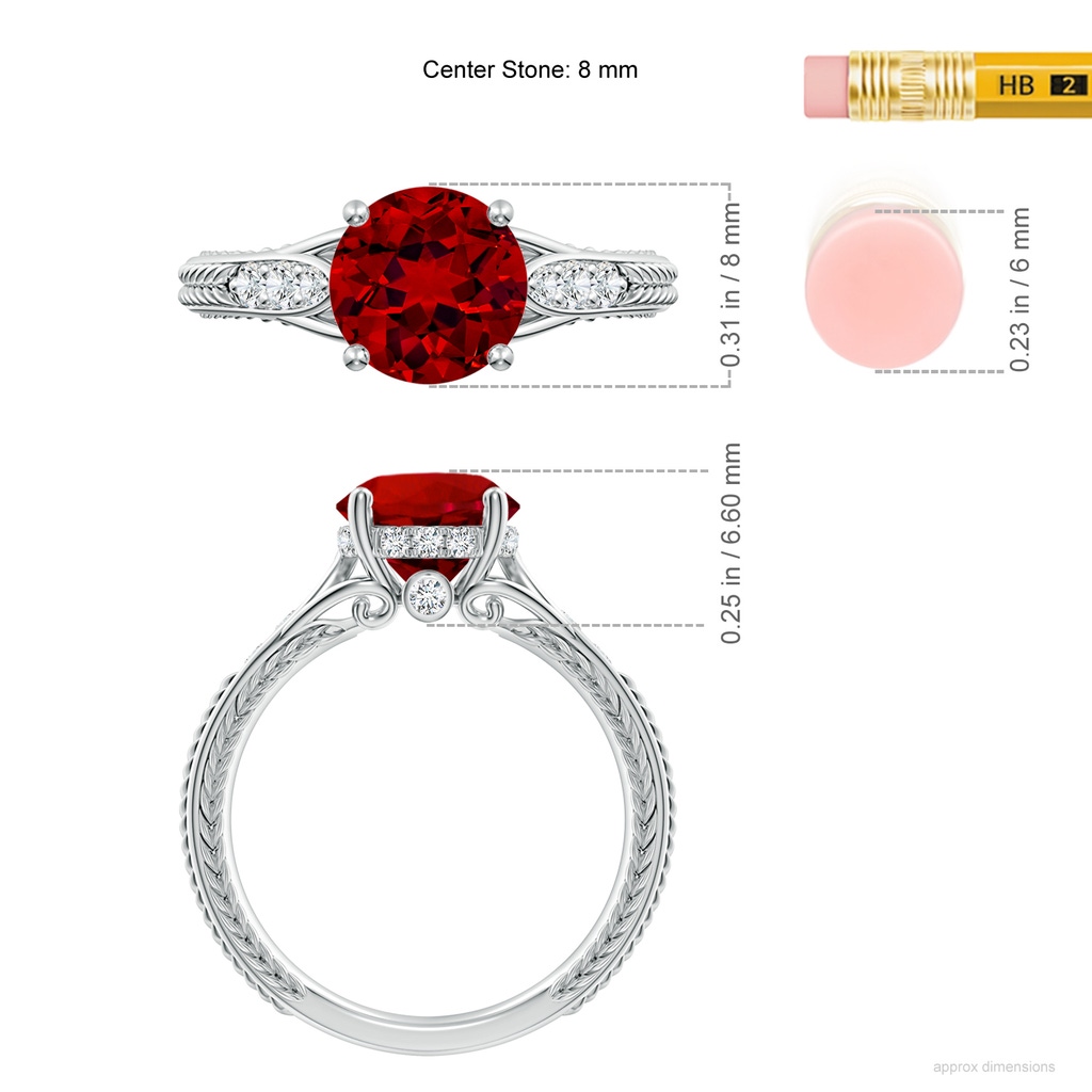 8mm Labgrown Vintage Inspired Round Lab-Grown Ruby Hidden Halo Engagement Ring in White Gold ruler
